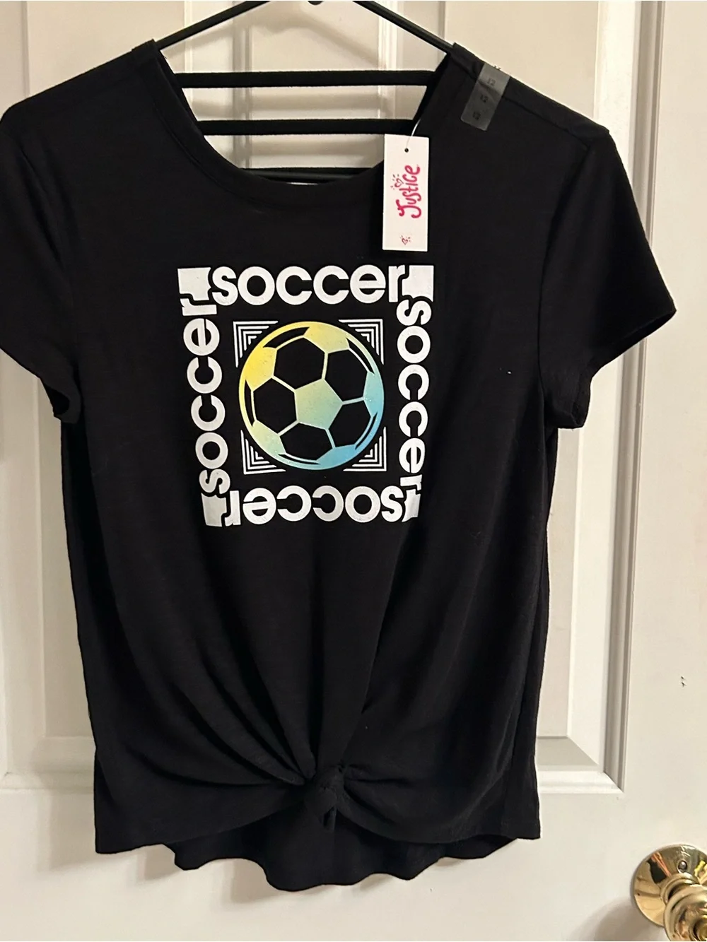 NWT-Girls Justice Black Short-Sleeve Soccer Graphic Tie-Front Tee